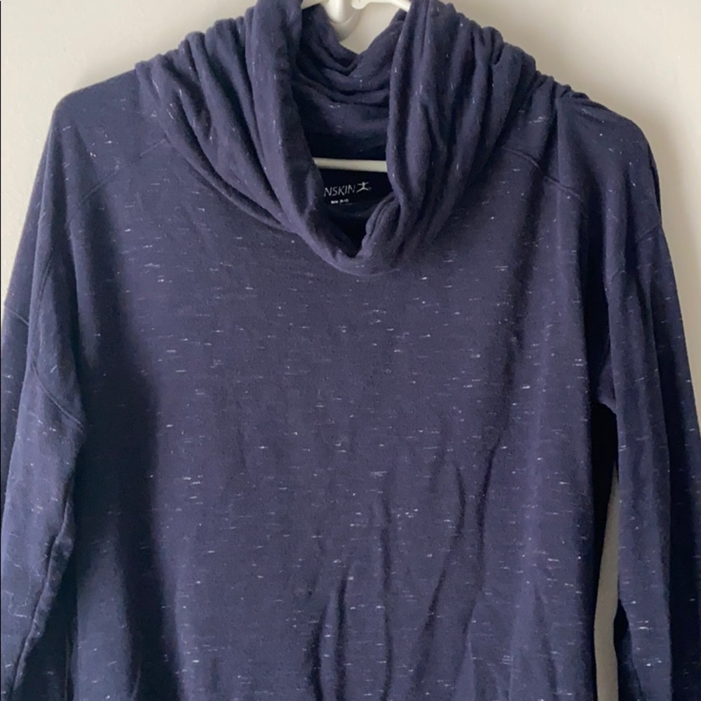 Navy sweatshirt with cowl neck & front drawstring
